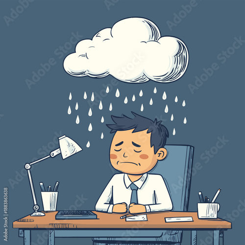 A funny employee with a dejected expression is in the office and above him a little cloud is pouring rain on him , vector style simple color