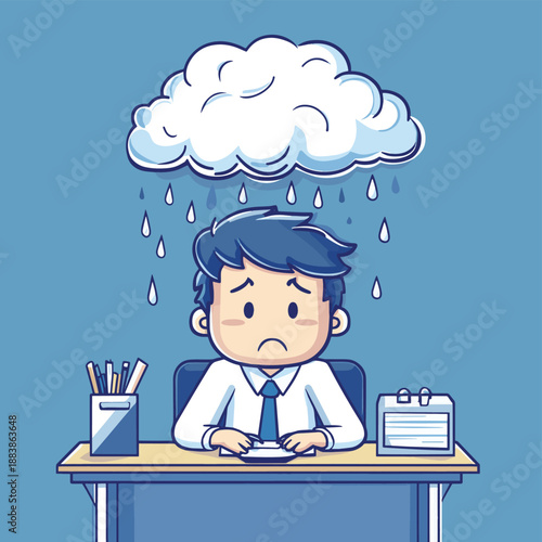 A funny employee with a dejected expression is in the office and above him a little cloud is pouring rain on him , vector style simple color