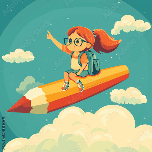 A little girl sitting on a giant pencil, flying in the sky, points ahead with her hand. The girl wears glasses and carries a school bag, back to school , vector style simple color