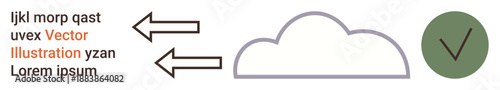 Data flow, communication systems, process management, cloud storage, security verification, approval systems. Arrows pointing to a cloud with a green check mark. Communication systems and process