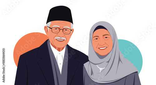Dignified vector portrait of a smiling elderly Muslim couple, the man wearing a peci cap and the woman wearing a hijab.