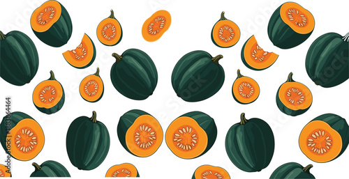 Seamless Acorn Squash Pattern Vector Illustration with Whole and Sliced Vegetables on White Background