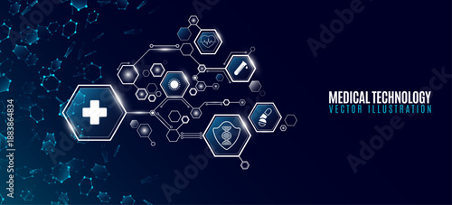Medical modern hexagonal diagram featuring interconnected hexagons with healthcare icons. Digital healthcare background with molecular hexagons for scientific presentation. Vector illustration.