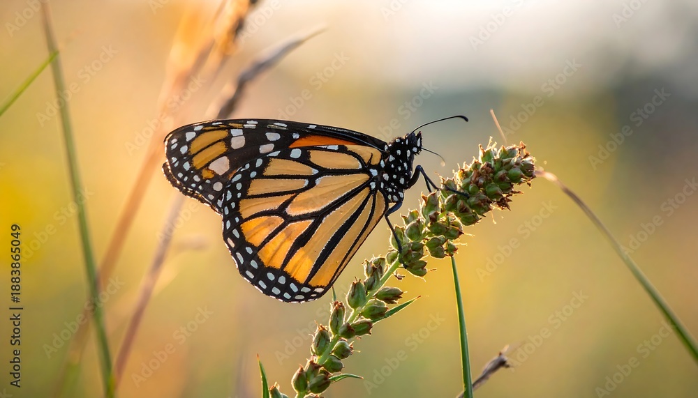Fototapeta premium A monarch butterfly perched on a green plant stem