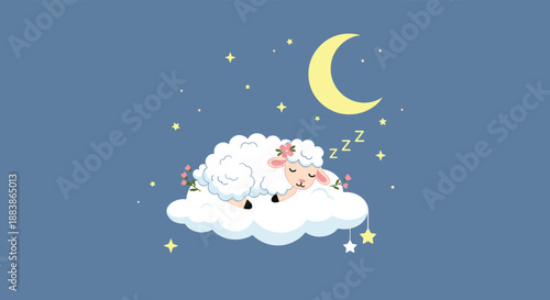 Peaceful illustration of a cute, fluffy sheep sleeping on a cloud in a starry night sky with a crescent moon above.