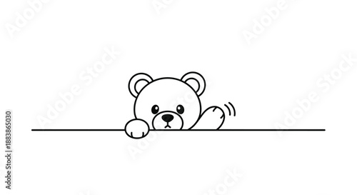 Minimalist line art of a cute teddy bear peeking over a line and waving its paw in a friendly greeting on white.