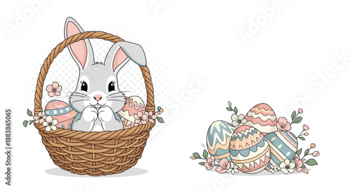 Charming Easter scene with a cute grey bunny in a wicker basket, surrounded by beautifully decorated and patterned Easter eggs.