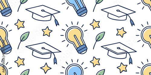 Seamless Education Pattern with Lightbulbs, Graduation Caps and Creative Thinking Motifs, Inspirational Learning Concept, Clean Modern Vector Background