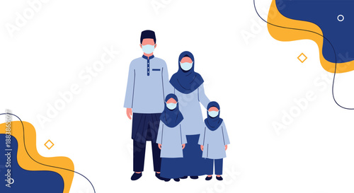 Illustration of a Muslim family of four, including parents and two children, all wearing face masks for health protection.