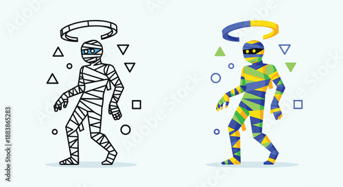 Stylized mummy character illustrated in both black-and-white outline and a vibrant colorful version with abstract geometric shapes.