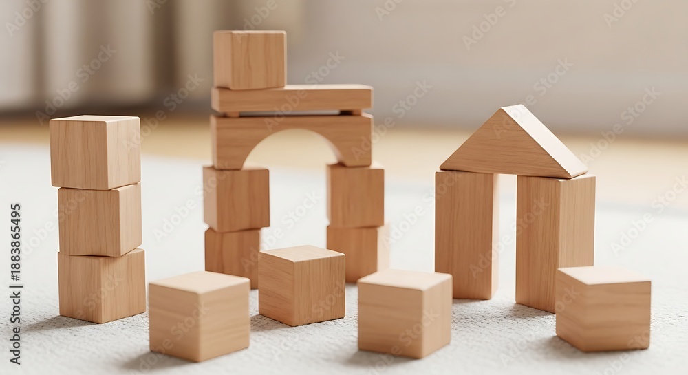 Obraz premium Wooden Building Blocks Arranged in Creative Structures on a Light Surface.