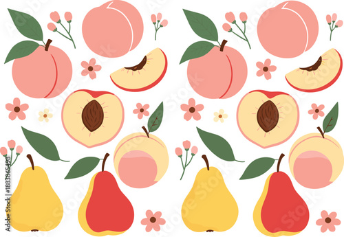 Seamless Peach and Pear Pattern Vector Illustration with Fresh Fruits Flowers and Leaves on White Background