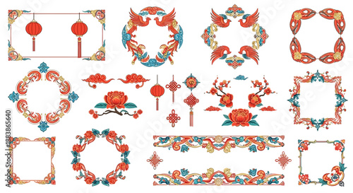 A collection of vibrant, ornate illustrations featuring various Lunar New Year elements, including symbols, icons, and logos with Chinese cultural motifs in red, blue, and gold hues on a