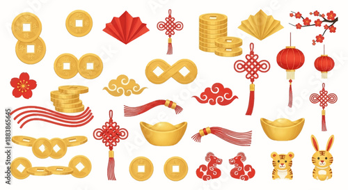 Collection of various Chinese New Year icons and symbols, including gold coins, lanterns, and other festive elements, arranged on a white background in a flat lay composition with vibrant