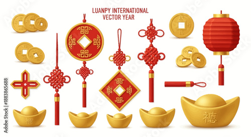 Collection of traditional Chinese Lunar New Year elements, including icons, symbols, and vector illustrations of gold coins, lanterns, and decorations in red and gold hues against a clean