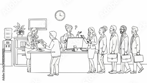 Office workers queueing at a reception desk for service.