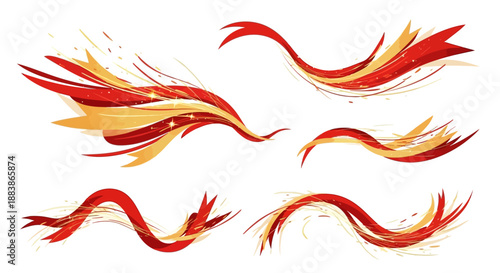 Set of vibrant red and orange swirling ribbon elements for Lunar New Year decorations or Chinese cultural symbols, vector illustrations on a white background.