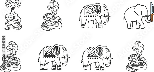 Tribal animal outline vector set with elephant, snake, and lion illustrations in ethnic hand drawn line art style
