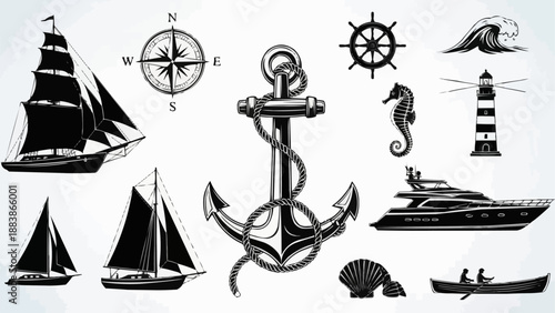 Nautical Symbols Collection Featuring Ships Anchor Compass and Lighthouse.