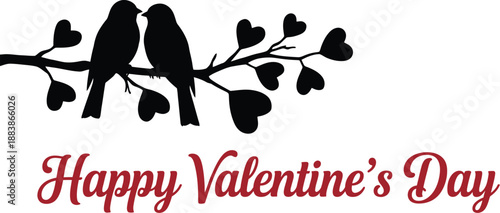 Valentines day couple love birds silhouettes on branch with hearts leaves isolated on transparent background.silhouette vector design
