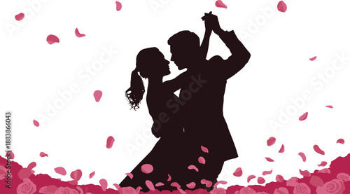 Couple dancing romantic waltz together surrounded by rose petals and flowers on transparent background.silhouette vector design