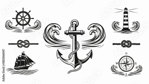 Nautical symbols set anchor ship lighthouse compass wheel knot.