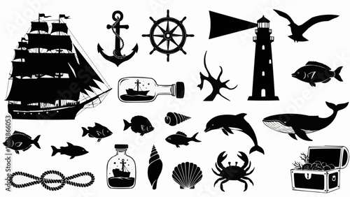Nautical theme silhouette collection with ship anchor lighthouse and sea creatures.