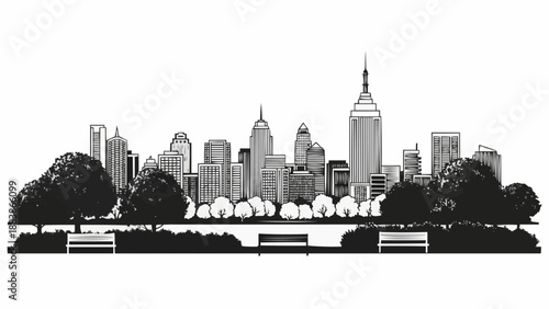 New York City Skyline Silhouette with Trees and Park Benches.