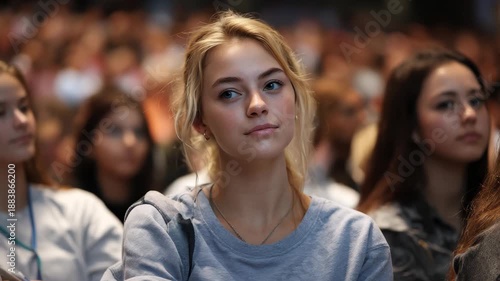 Wallpaper Mural Young female engaging with crowd at science event, captivated by speaker and atmosphere of discovery in a large auditorium Torontodigital.ca