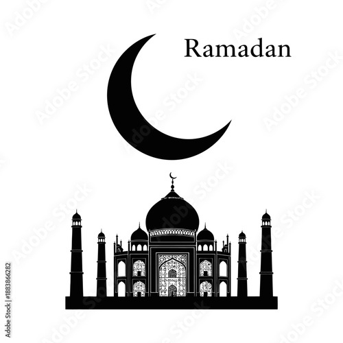 Ramadan Kareem Crescent Moon and Taj Mahal Silhouette Icon