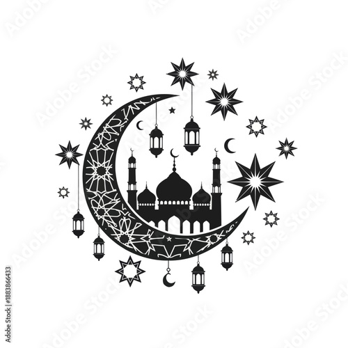 Islamic Crescent Moon with Mosque Silhouette and Stars Lanterns