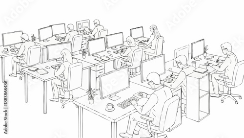 Office workers busy at their computers in a modern workspace illustration.