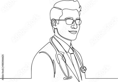 One Line Art Smiling Medic Doctor with Glasses and Stethoscope, a Continuous Line Healthcare Physician for Health Clinic Websites, Patient Care, Online Medicine, and Telemedicine Digital Health