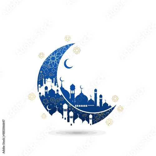Ramadan Crescent Moon Islamic Mosque Silhouette & Stars - Blue & Gold