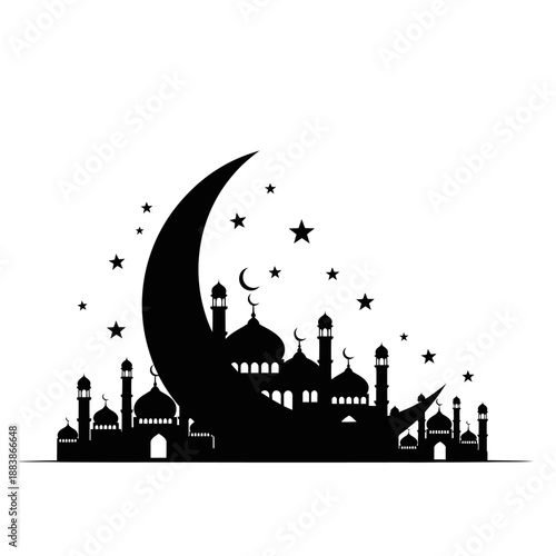 Islamic Crescent Moon and Mosque Silhouette with Stars