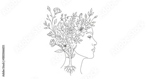 Woman's head with flowers in hair minimalist line art portrait with floral crown elegant illustration