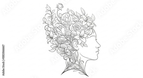 Woman's head with floral hair illustration side profile flowers and leaves elegant line art decorative design element