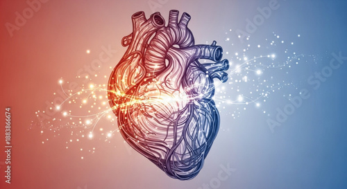Heart with glowing red and blue light symbolizing love and health on a gradient background with sparks