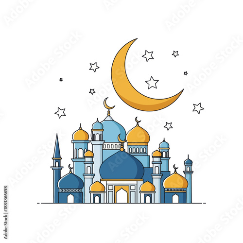 Islamic Mosque Architecture with Crescent Moon and Stars on White Background