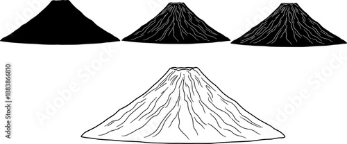 Vector illustration of volcano silhouettes with radial lava lines in varied styles, ideal for geology, eruption diagrams, educational visuals, and natural science themes.