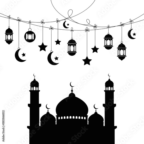 Ramadan Islamic Mosque Silhouette with Hanging Lanterns, Crescent Moons and Stars