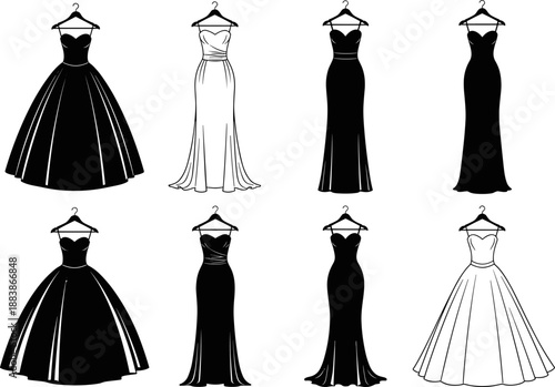 Vector set of elegant formal dress silhouettes on hangers, showcasing various evening gown styles, ideal for fashion design, boutique, and event planning themes.