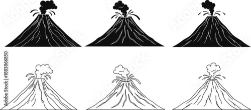 Vector set of erupting volcano illustrations in silhouette and outline styles, showing lava flows and smoke plumes, ideal for geology, nature, and education themes.