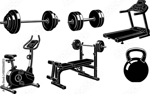 Vector set of gym equipment icons including barbell, dumbbell, treadmill, exercise bike, bench press, and kettlebell, ideal for fitness, workout, and training themes.