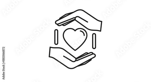 Hands cradling a heart symbol representing care love and protection in a simple line art style on a white background