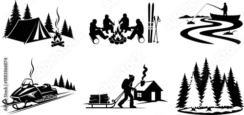 Vector set of outdoor activity silhouettes including camping, fishing, snowmobiling, sled pulling, and forest scenes, ideal for nature, winter, and adventure themes.