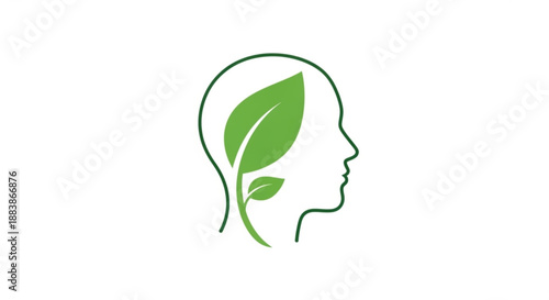 Green leafy human head silhouette profile with sprouting plant inside symbolizing growth and nature