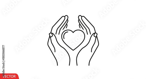 Hands cradling a heart symbol representing love care and compassion in a simple line art style