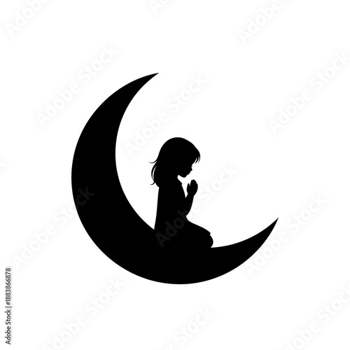Silhouette of a child praying on a crescent moon, dark night, peaceful concept