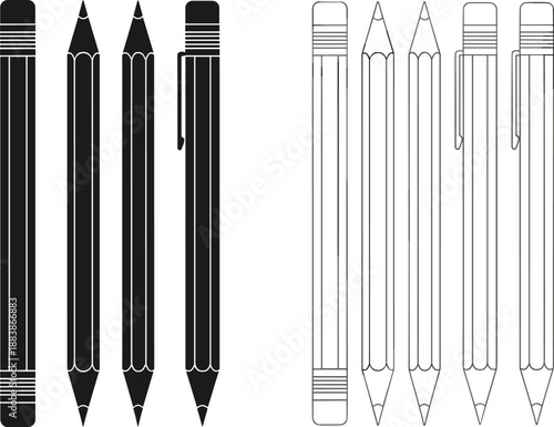 Vector set of pencil illustrations in solid and outline styles, featuring various designs including mechanical, sharpened, and eraser-tipped, ideal for stationery themes.